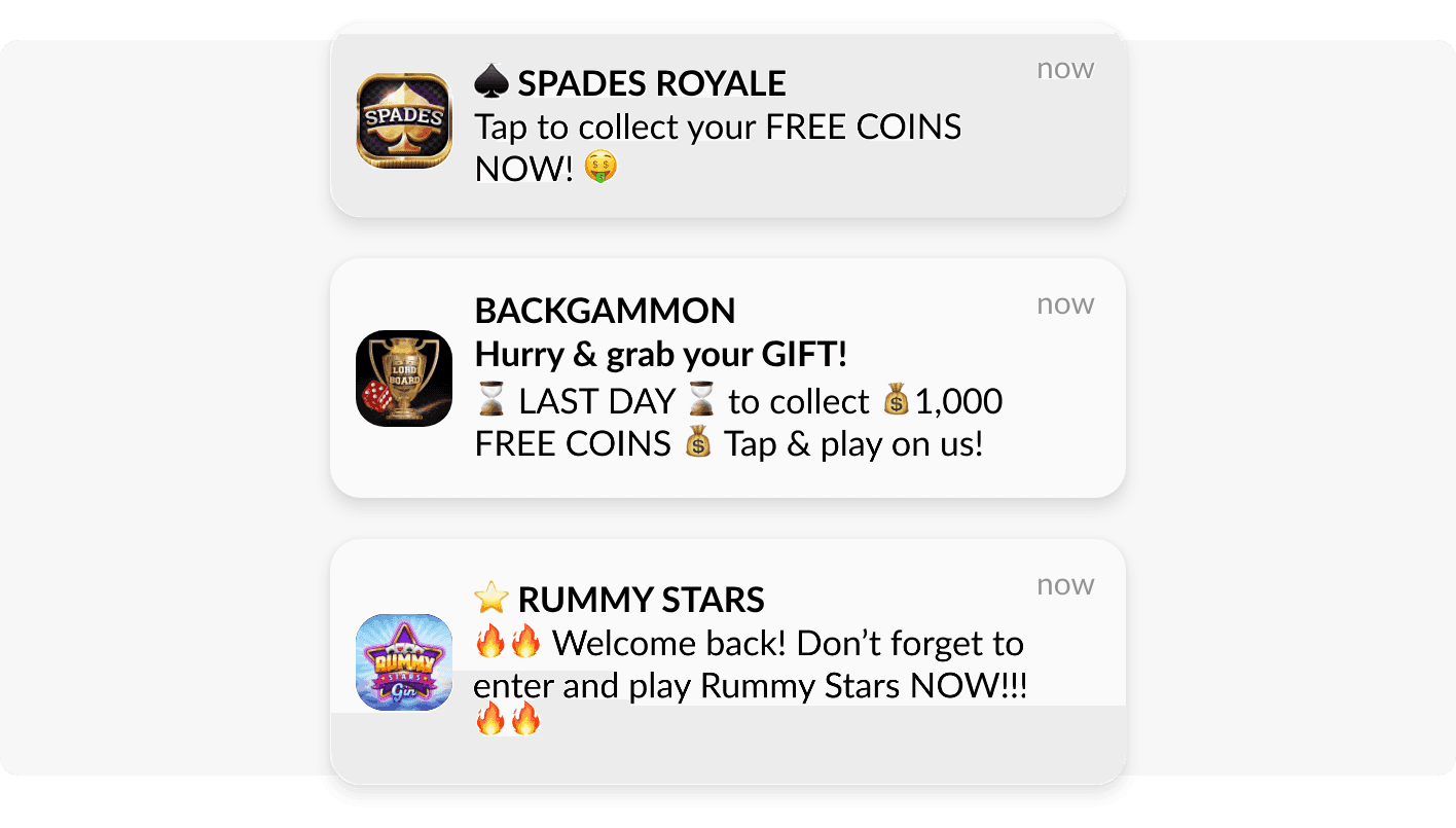 An example of mobile push notifications sent by the apps under the Beach Bum brand