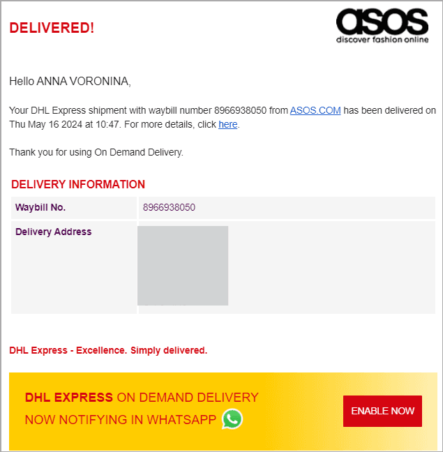 DHL delivery confirmation email