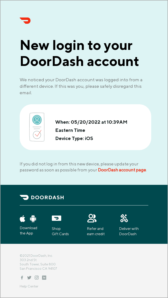 Security alert trigger email example by DoorDash
